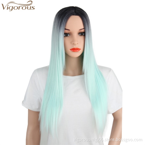 Vigorous Synthetic Wigs Long Straight Ombre Cosplay Costume Wig Heat Resistant Fiber Mint Green Full Wigs for Women
